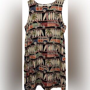 Weekend Clothes Line Dress L Woody Cars & Surfboards Print Rayon Sleeveless Mini